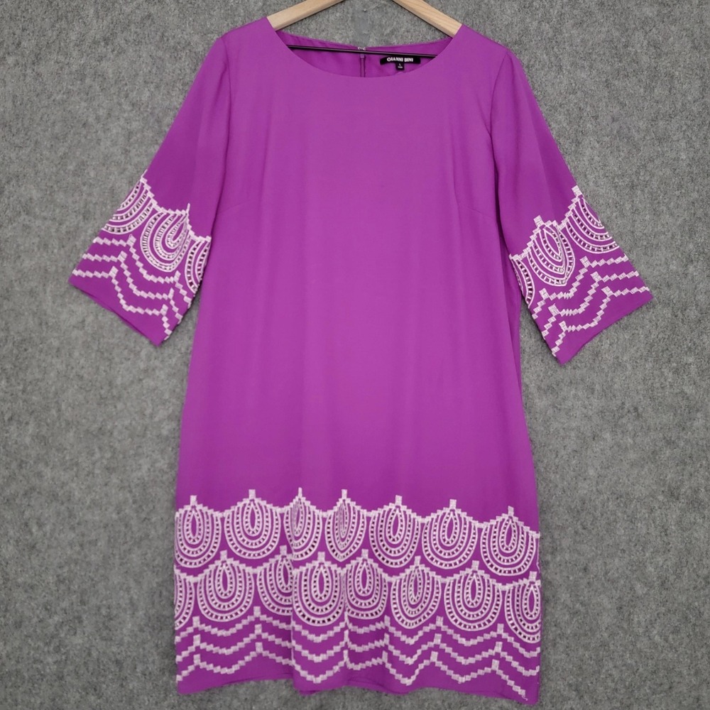 Gianni Bini Dress Womens L Bright Mauve Embroidered Shift 3/4 Sleeve Back Zip
